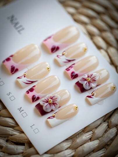 [Valentine's Day Gift]10pcs Y2K Style | Purple Flower Long Press On Nails | Handmade French Style Square Nails | French Style Fake Nails With Pink Purple Blending, Three-Dimensional Flowers, And Gold Bead Decoration | Exquisite And Luxurious, A Must-Have Nail For All Seasons | Suitable For Shopping, Parties, And Daily Use | The Best Gift For Girls And Women.