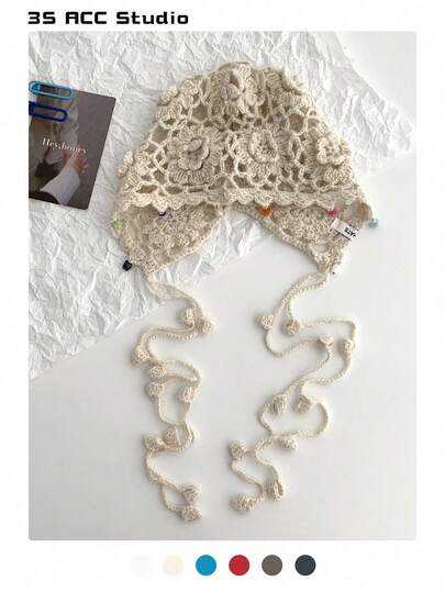 Handmade Crochet Floral Beanie Hat, Retro British Style, Boho Tassel Knitted Cap For Women, Autumn/Winter