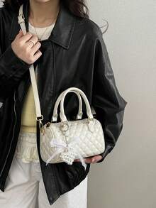 New Fashionable Bowling Bag For Women, Plaid Handbag, Versatile Crossbody Cylinder Bag With Chic Vibe, Spring/Summer - Beige - View 4