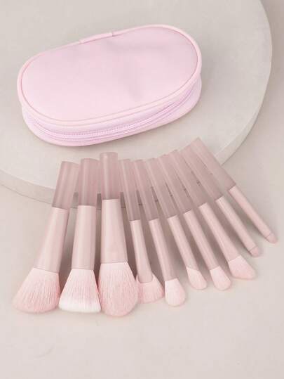 10 Mini Travel Makeup Brush Set With Bag, Portable Travel Makeup Brush Professional Makeup Brush Travel Essential Set Suitable For Makeup Brush Blush Powder Eye Shadow Ladies And Girls (Pink)