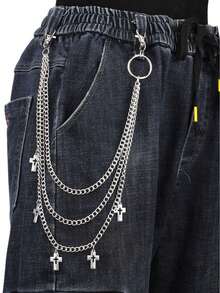 Fashionable Multi-Layer Hollow Cross Waist Chain, Versatile Metal Ring Chain Pendant Pants Chain - Silver - View 1