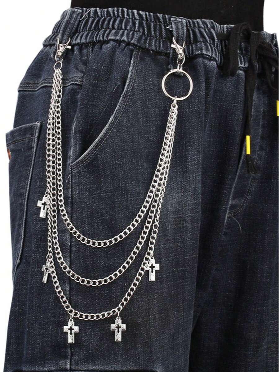 Fashionable Multi-Layer Hollow Cross Waist Chain, Versatile Metal Ring Chain Pendant Pants Chain - Silver - View 1