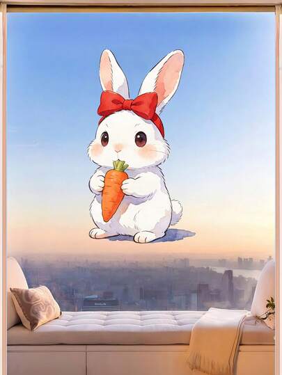 1pc Cute Rabbit Eating Carrot Window Sticker, Suitable For Glass Windows, Great For Home Decor, Store Display, Office, Cafe And Seasonal Decoration. Perfect For Animal Lovers, Rabbit Fans, And A Thoughtful Gift For Friends, Family And Decor Enthusiasts.