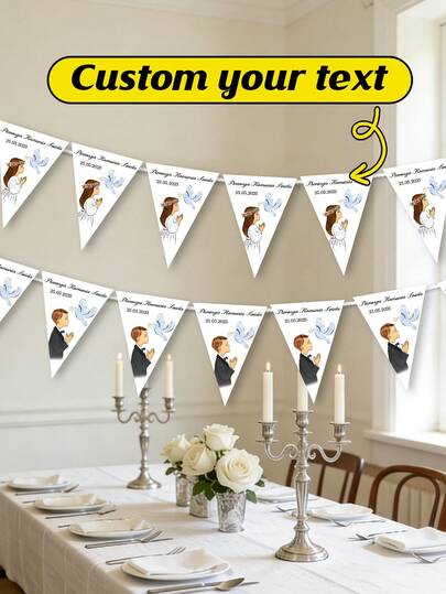 Customized First Holy Communion Banner - Can Customize Child's Name, Date (E.G. 2025.05.25) And Text. Features Illustrations Of Praying Child, Dove, Chalice, Host, Cross. Ideal Religious Gift For Children, Parents, Godparents. Suitable For Home/Outdoor Celebration, Church Decor, Tabletop Center Piece.