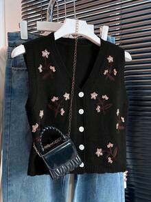 V领撞色花卉刺绣单排扣休闲针织背心，春夏款，黑色 - 黑色 - 查看 1