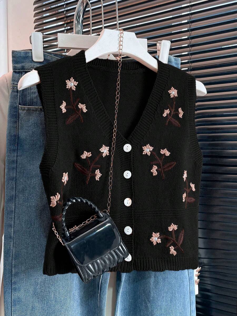V领撞色花卉刺绣单排扣休闲针织背心，春夏款，黑色 - 黑色 - 查看 1