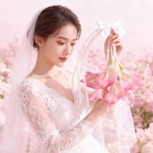 1束优雅的白色/粉色人造马蹄莲和百合花束 - 婚礼花艺布置新娘捧花，点缀绿色，适合新娘、伴娘、婚礼季、情人节派对 - 彩色 - 查看 5