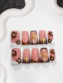 10pcs Gentle & Elegant Acrylic Nail Art Set, Acrylic Pressed Nails, Brown 5-Petal Diamond Print, Golden Sparkling, Handmade 4-Petal Gradient Flower Nail Decor, Suitable For Spring & Autumn Nail Supplies - 彩色 - 查看 13