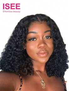 ISEE HAIR Wear Go Bob 假发 7*5 蕾丝闭合前额无胶深波浪人发波波头假发，漂白发结，预先拔毛，预先剪裁蕾丝，透明蕾丝，自然发际线，180% 密度，深波浪波波头卷发波波头蕾丝闭合/前额假发，预先处理，新手友好，无需胶水，即戴即用，自然色/自然黑色假发，适合女性日常佩戴，8-14 英寸 - SNatural - 查看 2