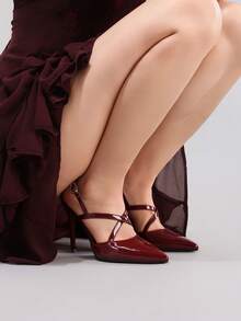 女士性感尖头高跟鞋，镂空超高跟派对鞋 - 酒紅色 - 查看 2