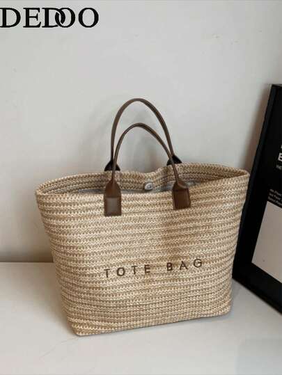 Dedoo New Fashion Large Capacity Letter Decor Woven Straw Tote Bag, Multi-Functional Commuter Casual Vacation Woven Straw Handbag, Suitable For Commuting, Shopping, Beach Vacation And Beach.