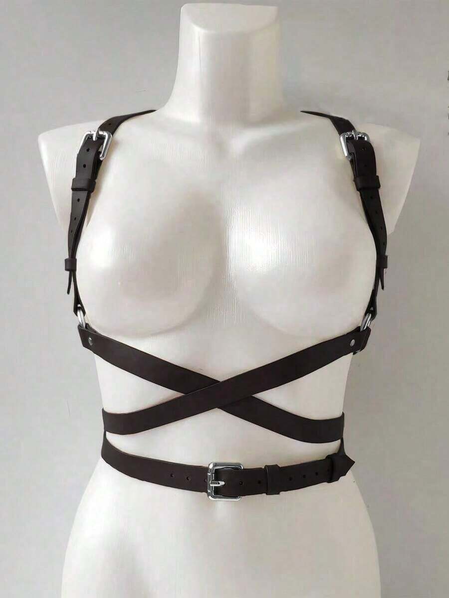 1 pièce Ceinture corset élégante en PU pour femmes, harnais de corps convenant pour les déplacements quotidiens, les festivals, les fêtes, Halloween, accessoire de tenue de Noël - Noir - Voir 1