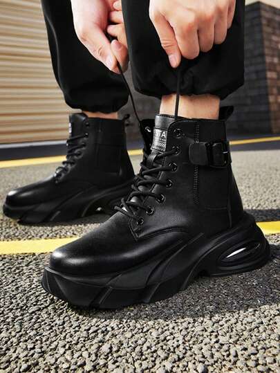 Men's High-Top Thick-Soled Fashionable Leather Boots, British Style Outdoor Retro Lace-Up Ankle Boots, Suitable For Young People, Motorcycle, Casual, Urban Commute, Street Style, Korean Chic, Simple Rugged Work Boots