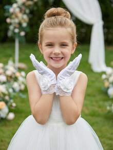 1 双 3-10 岁儿童缎面光滑弹力白色大玫瑰花手套 - 缎面花童手套，适合女孩选美、芭蕾舞表演、公主生日和婚礼，超柔软 - 1Pair - 查看 10