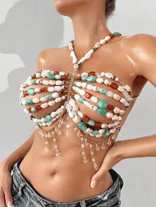 Unisex Sexy Acrylic Crystal Pearl Sequin Body Chain, Shell & Seashell Decor Metal Chain Accessories, Suitable For Party, Beach, Music Festival, Bikini Casual Summer - Green - View 4