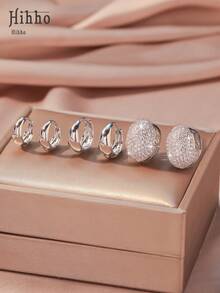 Hihho 3 Pairs All-Match Plain Hoop Earrings + Cubic Zirconia Egg-Shaped Hoop Earrings Set, Elegant 3D Design, Suitable For Daily Wear And Parties - Earrings Set - View 4