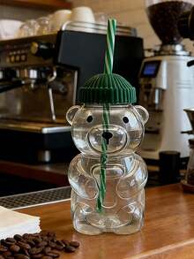Cute Bear Straw Cup With Lid & Straw | Plastic, Reusable, Honeybear Cup, Cute Mugs Bears Sippy Cups, Ideal For Hot And Cold Drinks, Coffee, Wine, Juice, Smoothies, Boba, Birthday Gift, High Aesthetic Value, Party Drinkware, Valentine'S Day, New Year Gift, Exquisite Creative Gift, Ramadan Gift (Candy Cane Stripes) - Multicolor - View 4