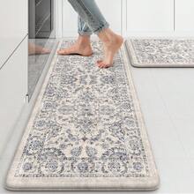KIMODE Anti Fatigue Kitchen Mats Floor, Boho Floral Kitchen Rugs 17x29.5+17 X47", Cushioned Mats Kitchen Floor, Non Slip Kitchen Floor Mats, Sink, Laundry, Office, Desk Blue Multi E3V1 - 綠色 - 查看 1
