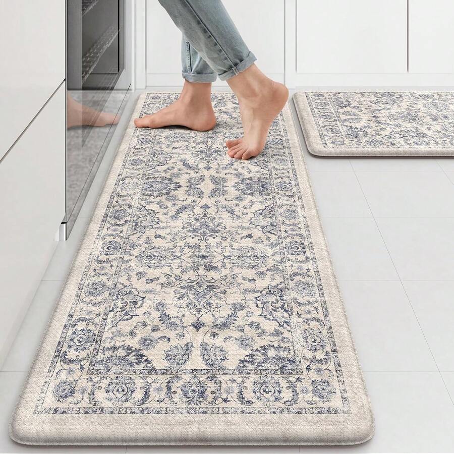 KIMODE Anti Fatigue Kitchen Mats Floor, Boho Floral Kitchen Rugs 17x29.5+17 X47", Cushioned Mats Kitchen Floor, Non Slip Kitchen Floor Mats, Sink, Laundry, Office, Desk Blue Multi E3V1 - 綠色 - 查看 1