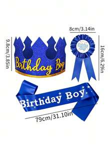 1 Set Birthday Boy Crown Hat, Sash And Badge - Creative Foldable Children's Birthday Party Photo Prop Decor - Multicolor - View 7