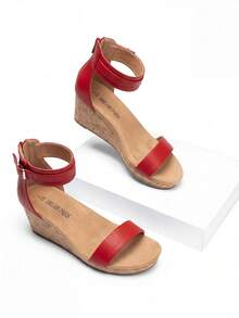 Women's Platform Wedge Sandals Open Toe Buckle Ankle Strapless Sandals Comfortable One-Strap Wood-Grain Bottom Sandals For Mother's Day Gift Summer Shoes - 紅色 - 查看 5