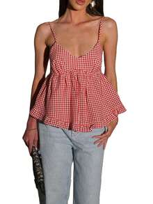Women's Spaghetti Strap Gingham Ruffled Peplum Top - Perfect For Spring Summer Casual Outfits - Red - View 7