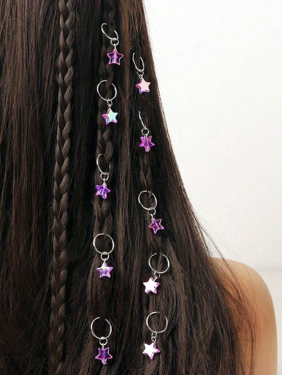 10pcs Transparent Star, Crescent Moon & Tassel Decor Set, Bohemian Cute Hip Hop Hair Clips, Headband, Braid Rings For Eid Mubarak, Party