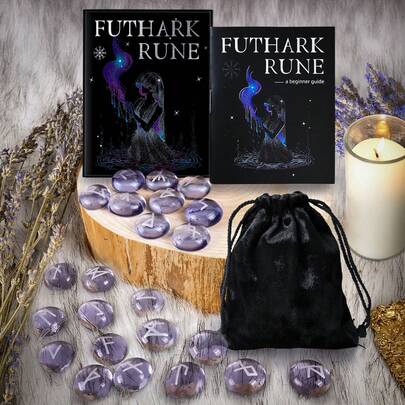 Rune Stones Set Healing Crystal -Purple Glazed Witch Inscriptions Purple Inscription (24 Pieces + 1 Blank Piece + Instruction Manual + Storage Bag + Storage Box) - For Witches, Spiritual Practitioners - Meditation,Viking Home Decor