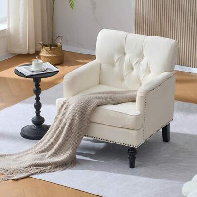 Vintage Tufted Corduroy Accent Chair - Cream Upholstered Armchair With Nailhead Trim For Living Room