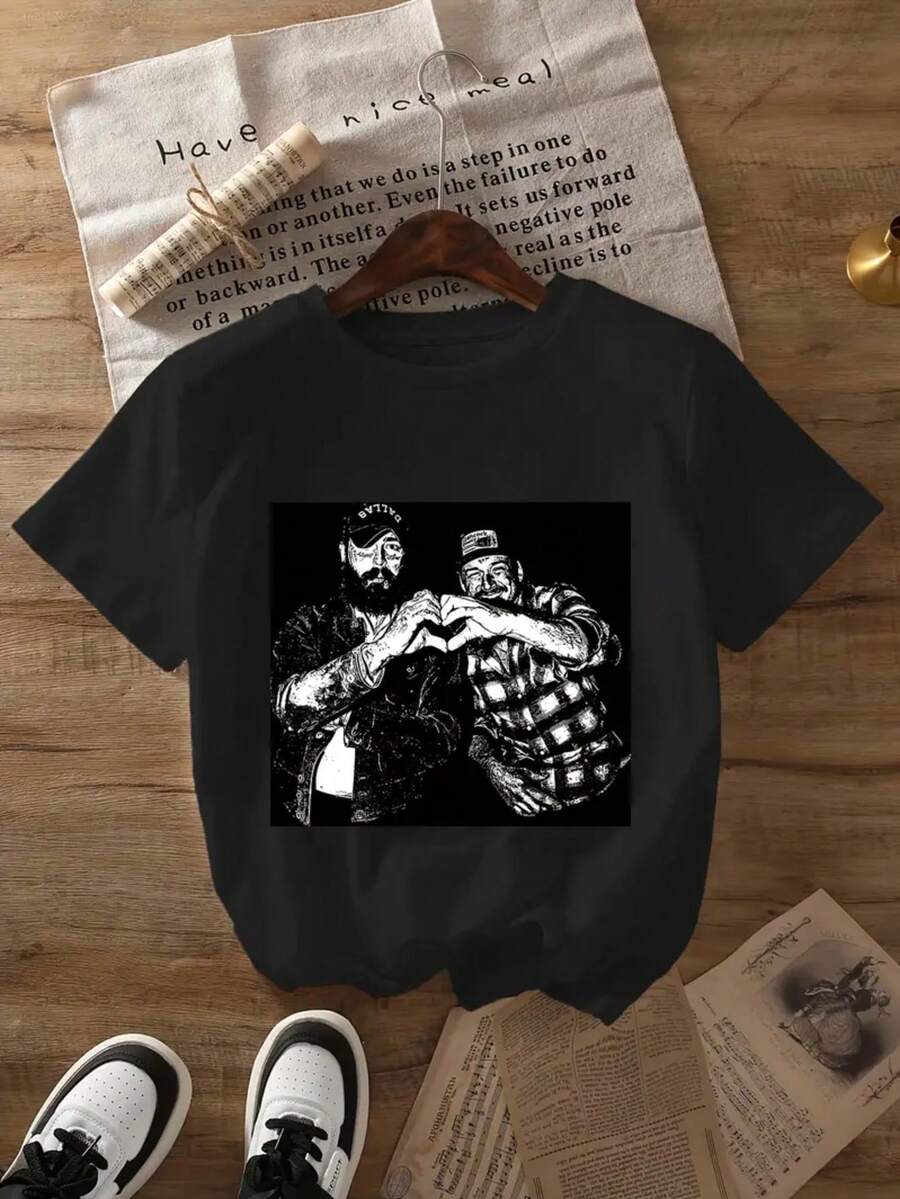 Women's Plus Size Malone Rap Music Graphic T-Shirt - Black Casual Short Sleeve Round Neck Top With White Lettering Print, Machine Washable Summer & Spring Tee, Rapper T Shirt, Streetwear Style, Statement Tee, Soft Texture, Streetwear Lovers - 黑色 - 查看 1