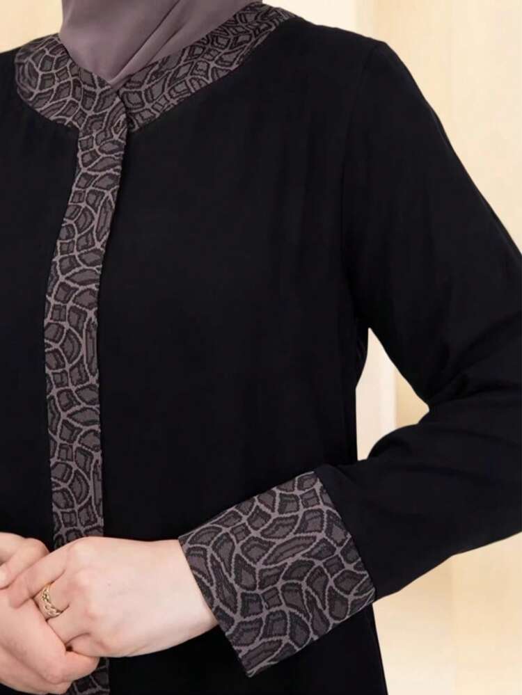 GDfashion Najma Women's Black Modest Long Abaya, Contrast Trim And Cuff Details, Islamic Casual Long Sleeve Dress Spring - Black - View 4