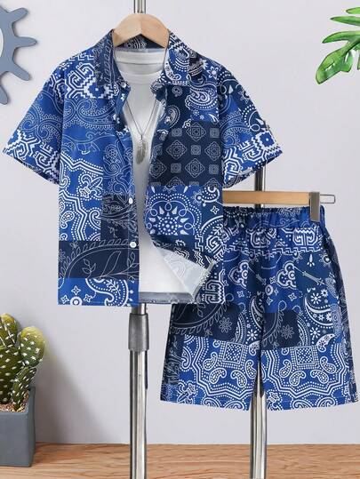 男童休闲轻薄印花短袖衬衫短裤套装，春夏款