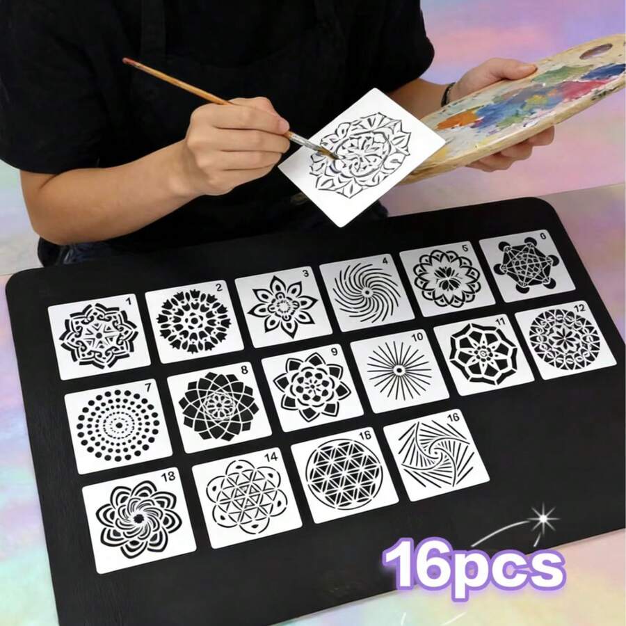 16件套可重复使用的曼陀罗图案模板，曼陀罗点画模板，适用于DIY绘画、艺术工艺、剪贴簿、家居装饰 - 曼陀羅藝術繪畫 - 查看 1