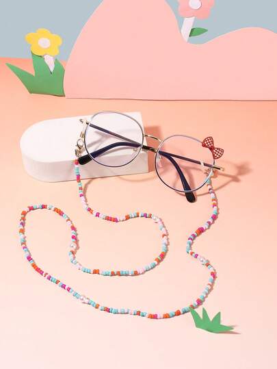 1pc Boys And Girls 3-8Y Polycarbonate Oval Metal Frame Holes Bowknot Decoration Fashion Plane Glasses With 1pc Colorful Bead Glasses Chain, Festival Party Street Snap Wear, With Glasses Box