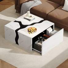 Living Room Coffee Table, 70 X 70 X 31 Cm, Geometric Cubic Design, Side Table With Drawer, Uniquely Shaped Marble Veneer Table, Coffee Table, Storage Table, Game Table - White - View 2