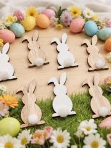 20pcs/10pcs/1pc Easter Bunny Wooden Decorations, Rustic Style Bunny Plush Tail, Spring Party Supplies, Home Decor Gifts, Easter Egg Hunt, Suitable For Filling Easter Baskets, Centerpiece Table Decor And Spring Party Decorations (Random Color) - Multicolor - View 2