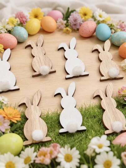 20pcs/10pcs/1pc Easter Bunny Wooden Decorations, Rustic Style Bunny Plush Tail, Spring Party Supplies, Home Decor Gifts, Easter Egg Hunt, Suitable For Filling Easter Baskets, Centerpiece Table Decor And Spring Party Decorations (Random Color)