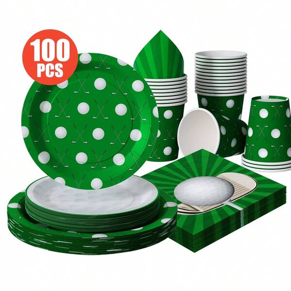 Green Golf Ball Disposable Plates, Napkins, Cups - One-Time Party Supplies Set, Suitable For 25 Guests, Disposable Paper Plates Party Tableware For Birthday, Wedding, Theme Party, Family Picnic