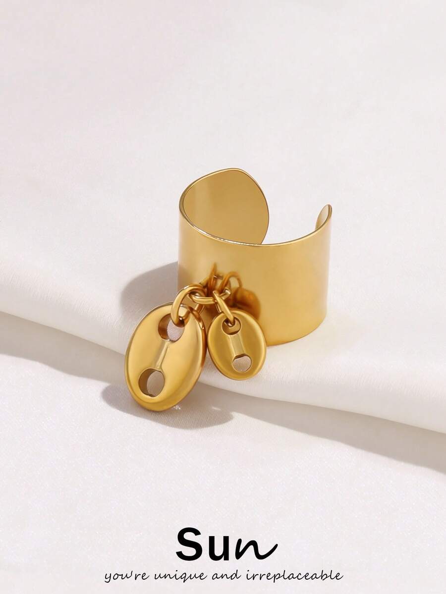 1件不锈钢咖啡豆吊坠开口戒指，时尚宽戒指首饰，女士礼物