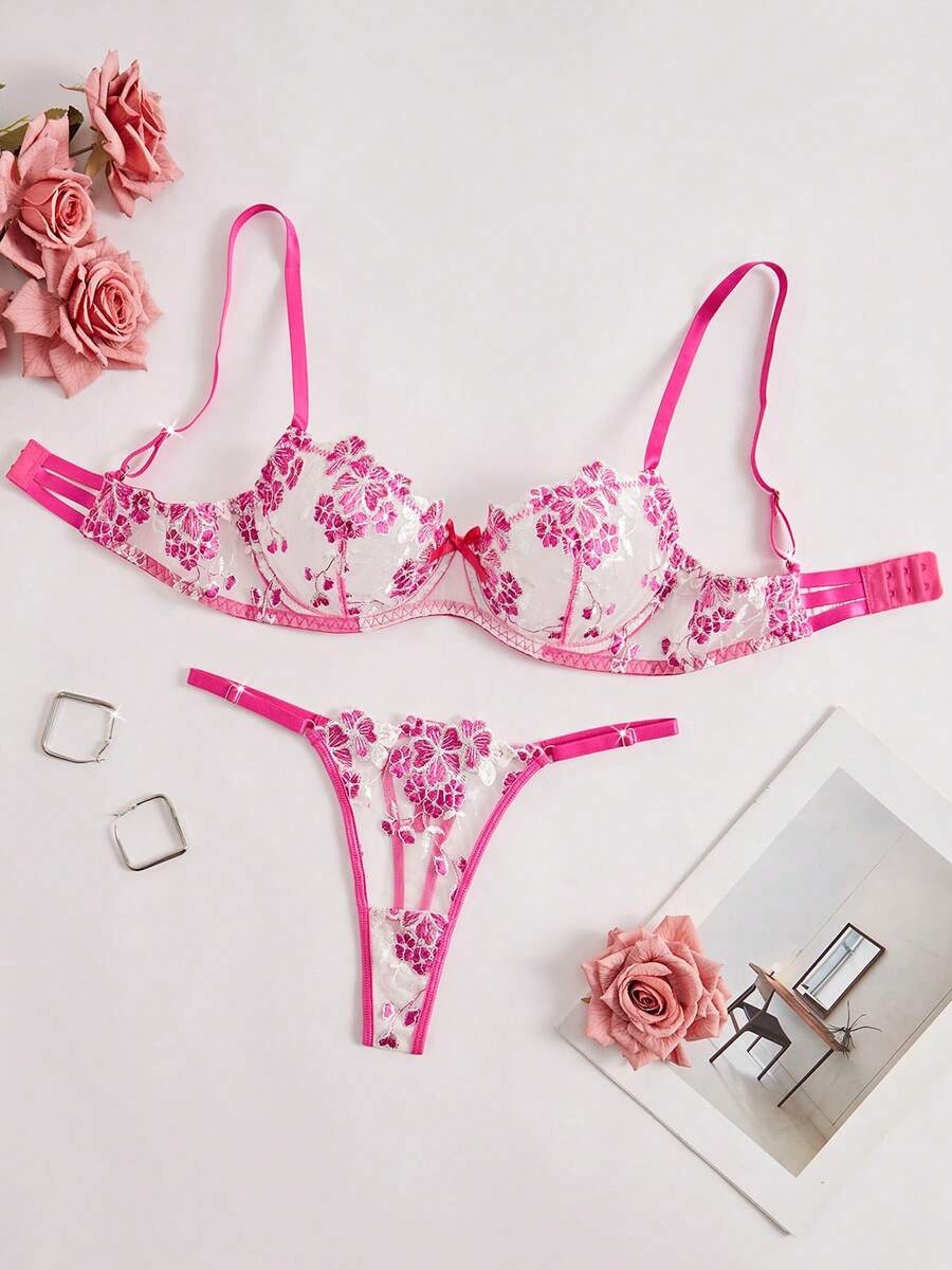 Halloween Style Sexy Transparent Floral Lace Lingerie Set For Women, Exquisitely Designed With Soft And Skin-Friendly Fabric, Available In 8 Vibrant Colors To Choose From. - Màu Hồng Tươi - Xem 1