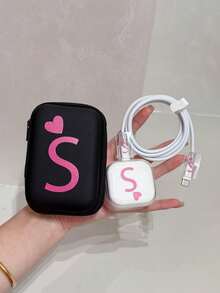 5-In-1 UK 20W Charger, Cable, Protective Case & Organizer Set (1 Black Cable Organizer Pouch, 1 UK 20W Charger Protective Case, 2 Cable Savers, 1 White Cable Tie) With UV Printed Pink Heart & Alphabet Pattern, Compatible With UK Apple 20W Fast Charger - Multicolor - View 6