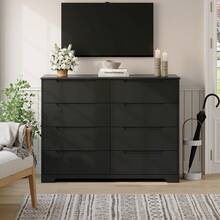8 Drawer Dresser, 47" Wide Black Dresser For Bedroom With Cut-Out Handles, Modern Wooden Chest Of Drawers With Anti-Tip Kit, For Living Room, Hallway, Entryway, Home Office, Black - 黑色 - 查看 2