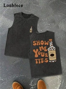 Lonblece Herren Lässiges Vintage-Washed Buchstaben-Muster Ärmellos Tank Top, schwarzes lässiges Tank Top mit Leoparden-Muster und Flaschen-Logo-Muster, Straßen-Stil, Outfit - Schwarz - Übersicht 1