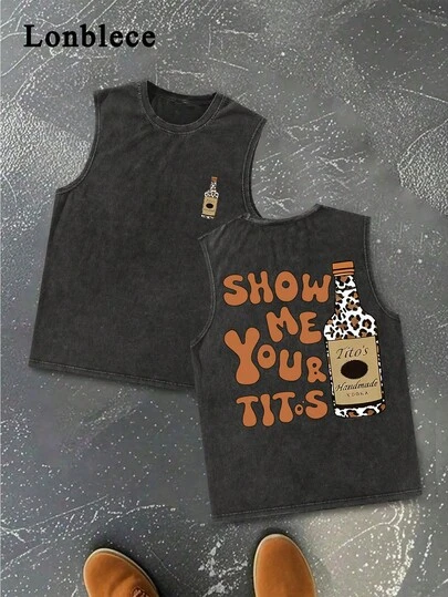 Lonblece Men's Casual Washed Vintage Letter Print Sleeveless Tank Top, Black Casual Tank Top With Leopard Print And Bottle Logo Print, Street Style, Outfit