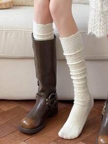 1双镂空羊毛混纺腿套，针织多层中筒袜，甜美百搭的白色秋冬袜 - 白色 - 查看 2