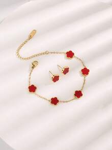 3件套时尚不锈钢花朵装饰链手链耳环套装，适合女性日常佩戴 - 金色 - 查看 16