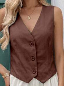 MICHELEE Elegant Women's Vest With V-Neck And Button Closure - Café integral - View 2
