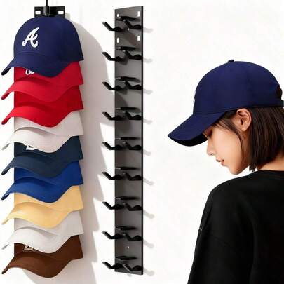 20-Cap Plastic Wall Mounted Hat Rack, Durable Hat Holder With 2 Hanging Options, Portable Adhesive Cap Display Organizer For Door And Closet - 1 Piece, Black