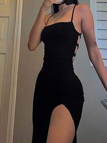 性感纯色交叉露背高开衩连衣裙，夏季休闲派对优雅装扮 - 黑色 - 查看 7