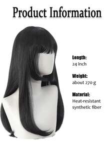 Peluca negra recta de 24 pulgadas de largo con flequillo, corte de princesa, cabello sintético natural para mujeres para cosplay y uso diario - Multicolor - Ver 7